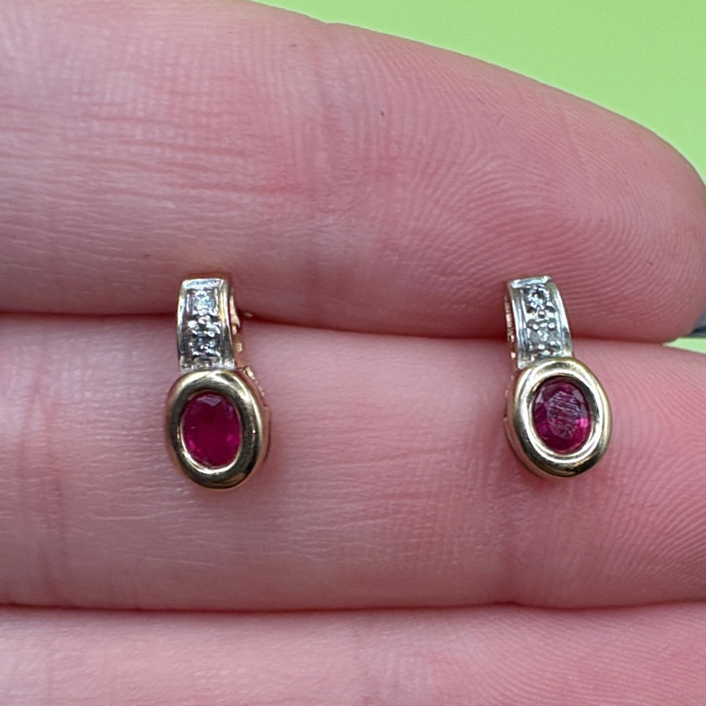 Genuine Ruby and Diamond Chip 14K Gold Stud Earrings - Picture 6 of 9